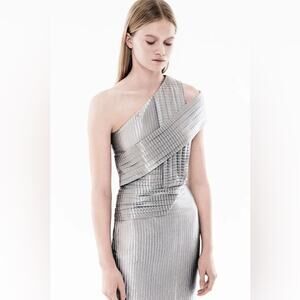 Dion Lee one shoulder metallic silver dress asymmetrical pleated sexy date